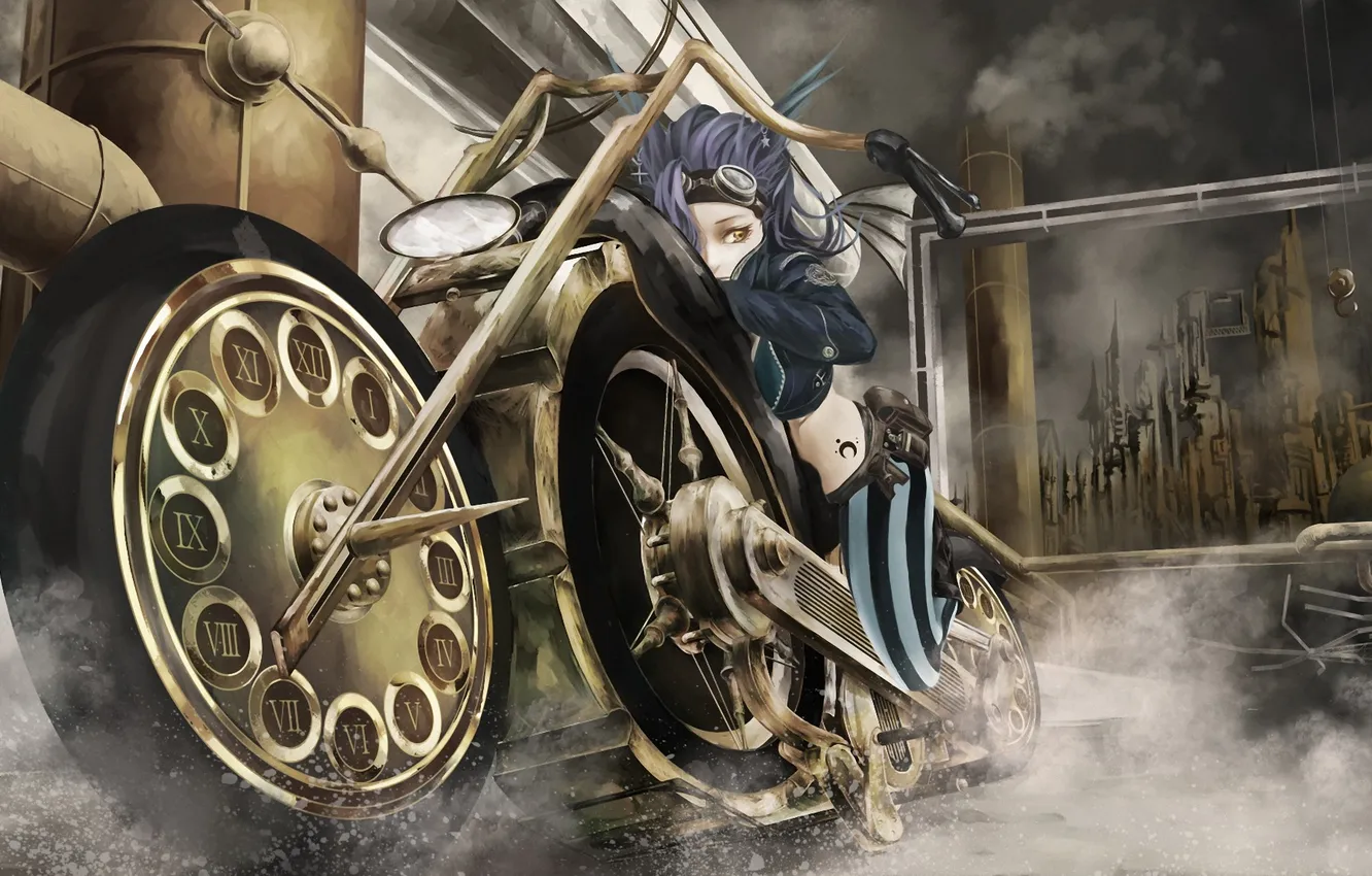 Photo wallpaper girl, watch, art, motorcycle, dial, akaikitsune