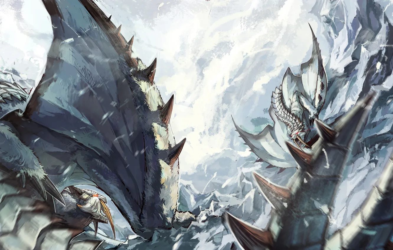 Photo wallpaper snow, mountains, the game, monster, storm, art, fight, the fight