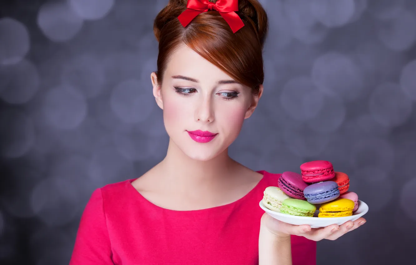 Photo wallpaper girl, cookies, hairstyle, bow, redhead, plate, macaroon