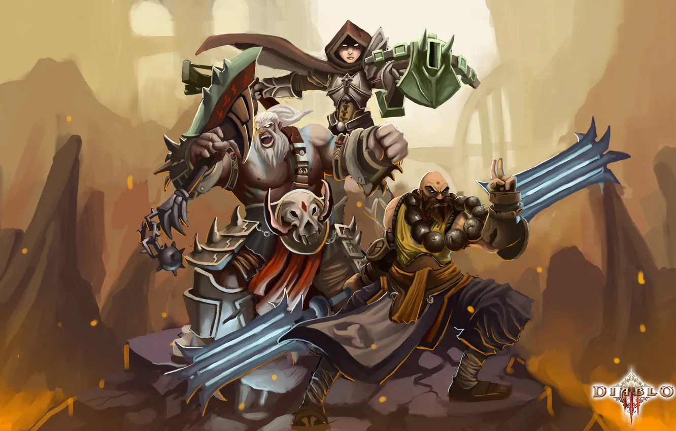 Photo wallpaper art, hero, lava, trio, Diablo 3, hunter, barbarian, shaman