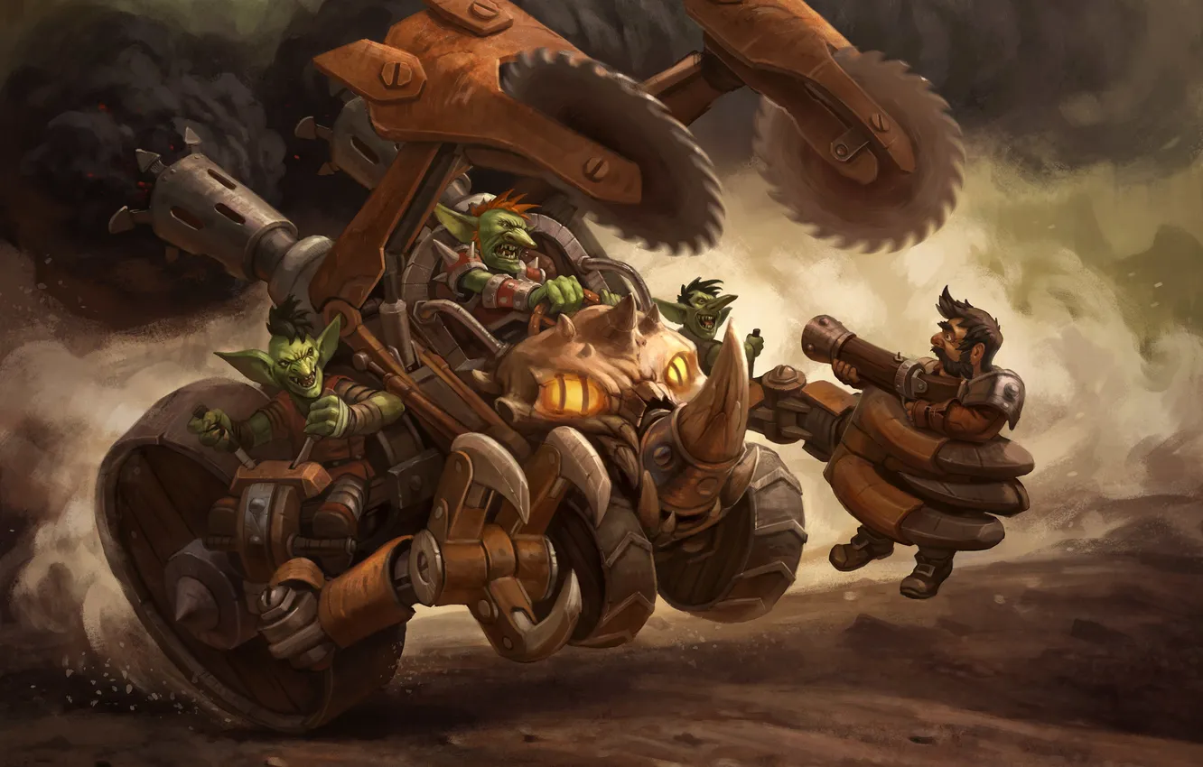 Photo wallpaper smoke, mechanism, blade, art, motorcycle, dwarf, Goblin, Hearthstone