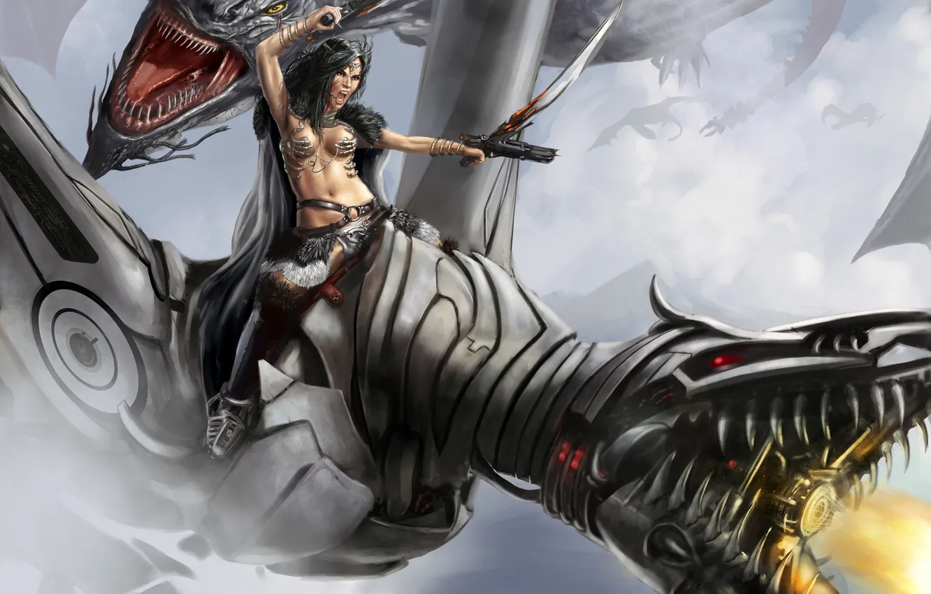 Photo wallpaper girl, dragon, warrior, THE CHASE