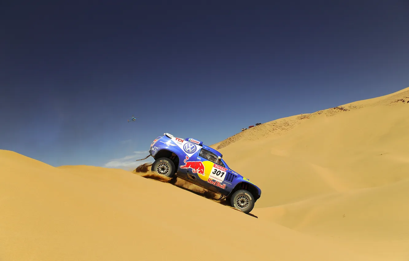 Photo wallpaper Sand, Blue, Volkswagen, Desert, Helicopter, Slope, Touareg, Rally