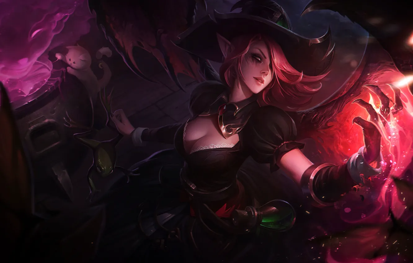 Photo wallpaper magic, cat, wings, hat, dress, art, witch, splash