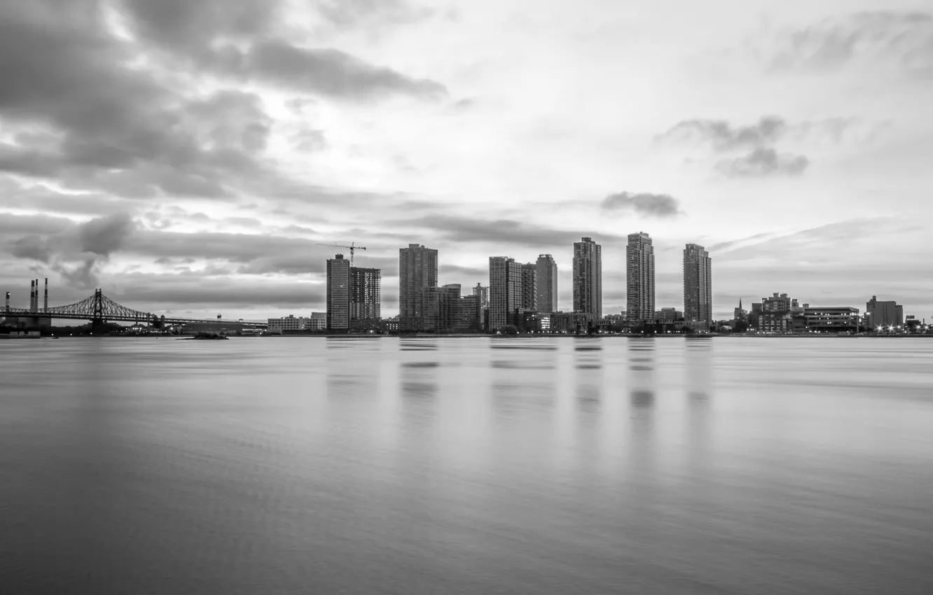 Photo wallpaper sea, bridge, city, the city, black and white, sea, bridge, buildings