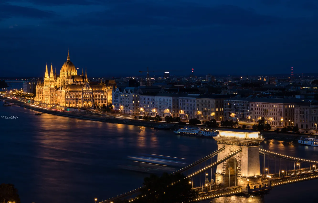 Photo wallpaper lights, Parliament, Hungary, Budapest, The Danube, Chain bridge