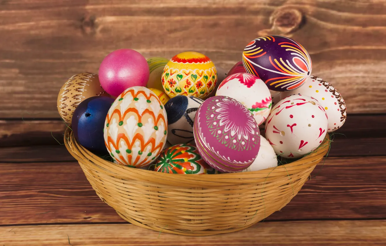 Photo wallpaper basket, colorful, Easter, wood, spring, Easter, eggs, decoration