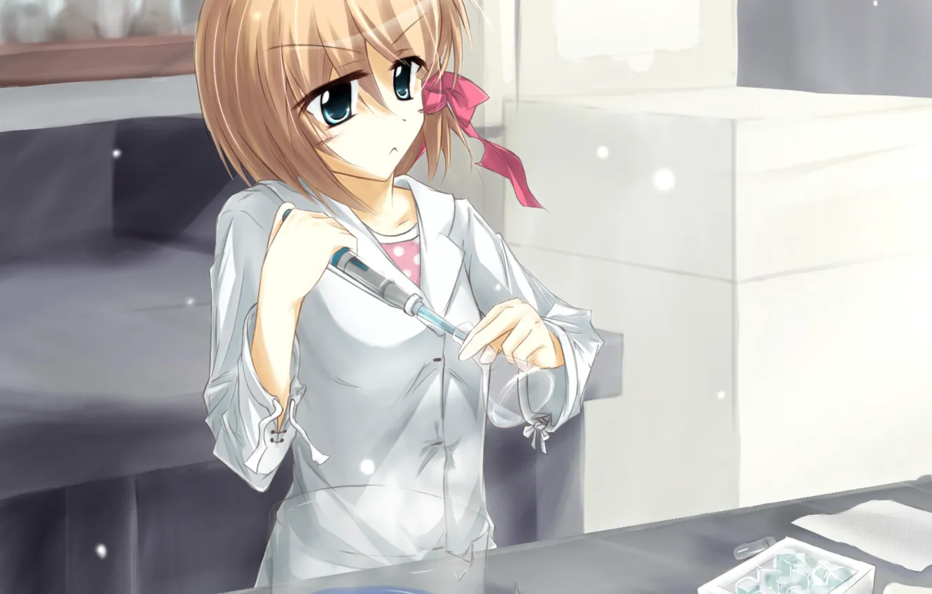 Photo wallpaper girl, bulb, laboratory