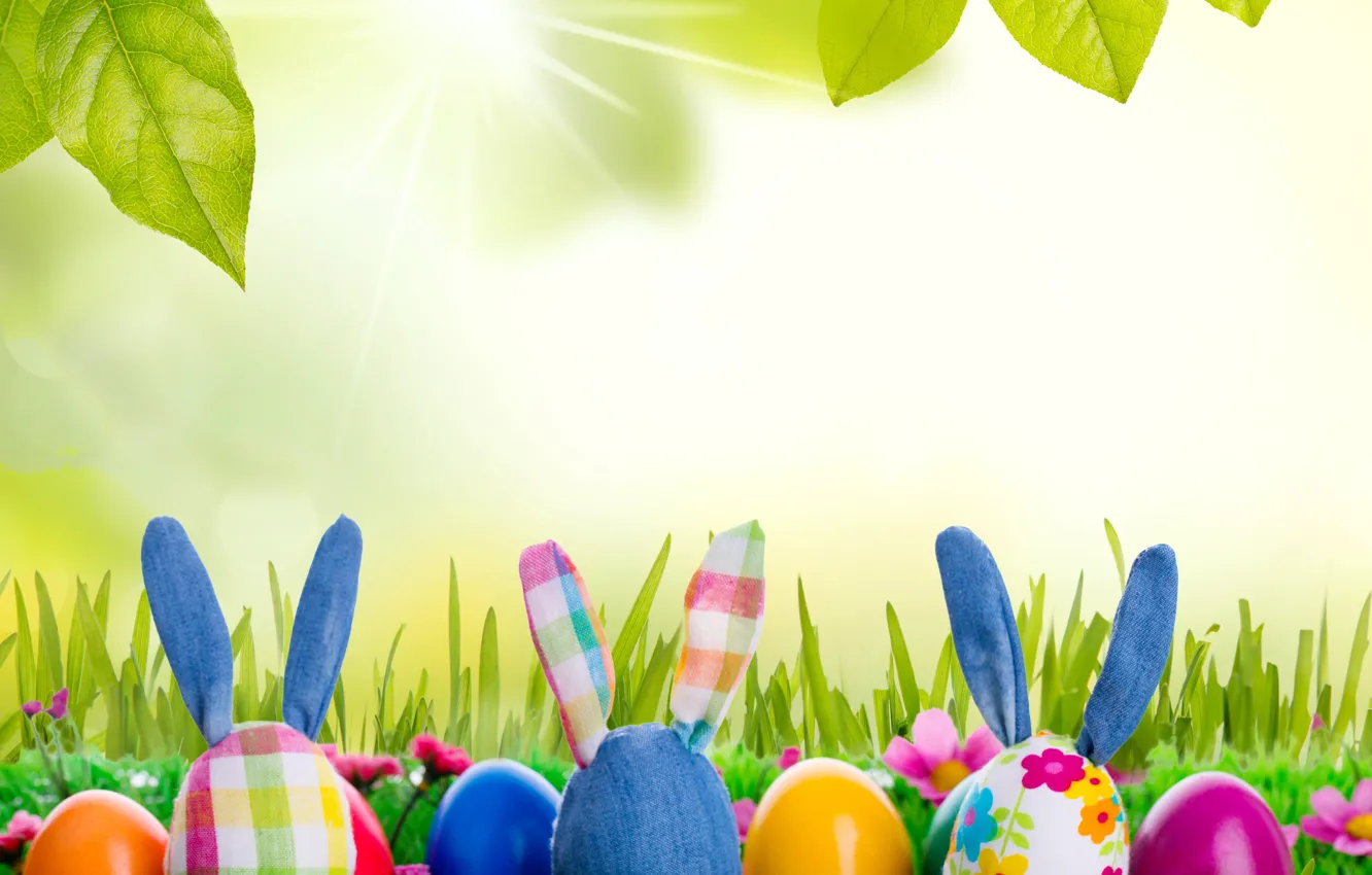 Photo wallpaper grass, toy, eggs, spring, rabbit, meadow, Easter, grass