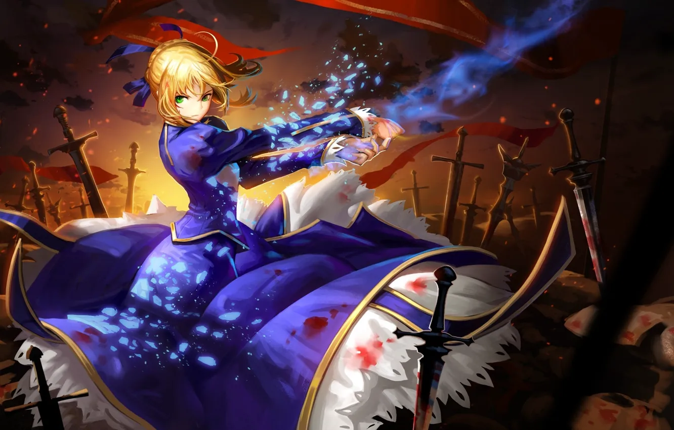 Photo wallpaper girl, figure, anime, Excalibur, fantasy, art, blonde, battlefield