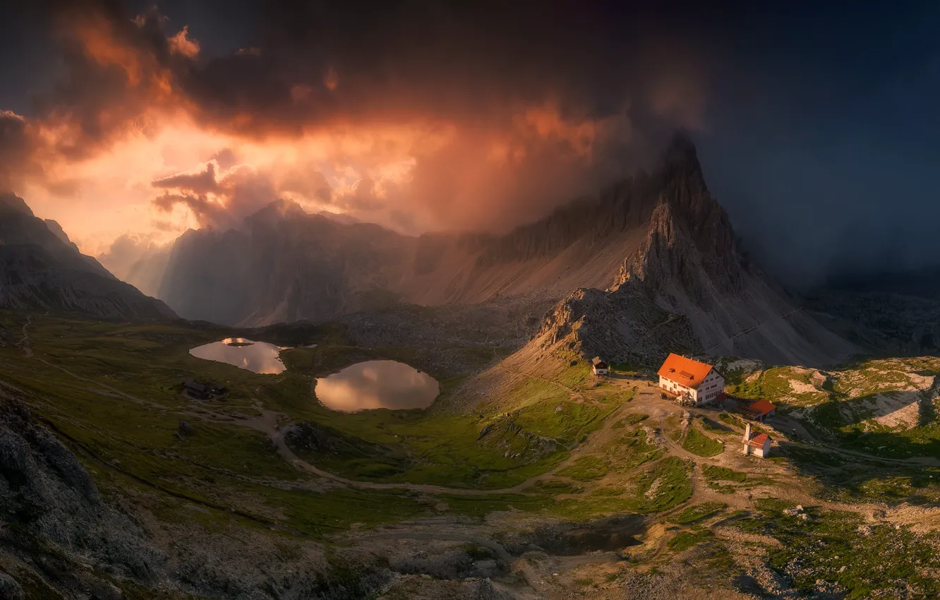 Photo wallpaper mountains, house, The Dolomites