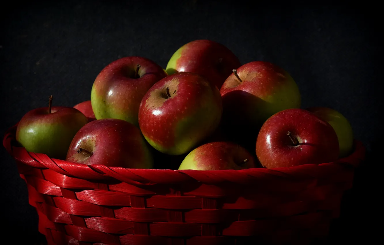 Photo wallpaper red, the dark background, apples, food, fruit, twilight, still life, basket