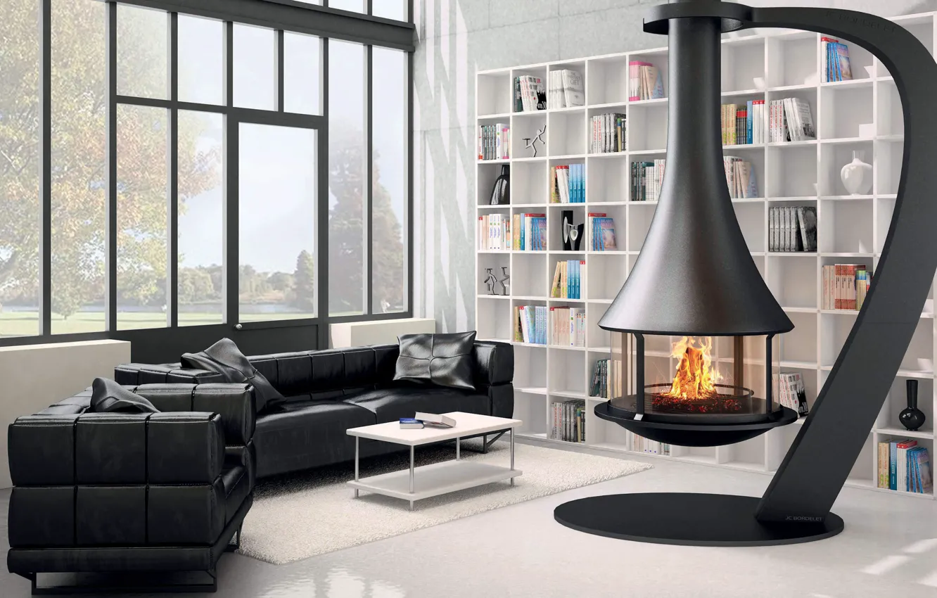 Photo wallpaper design, style, interior, library, living room, hanging fireplace
