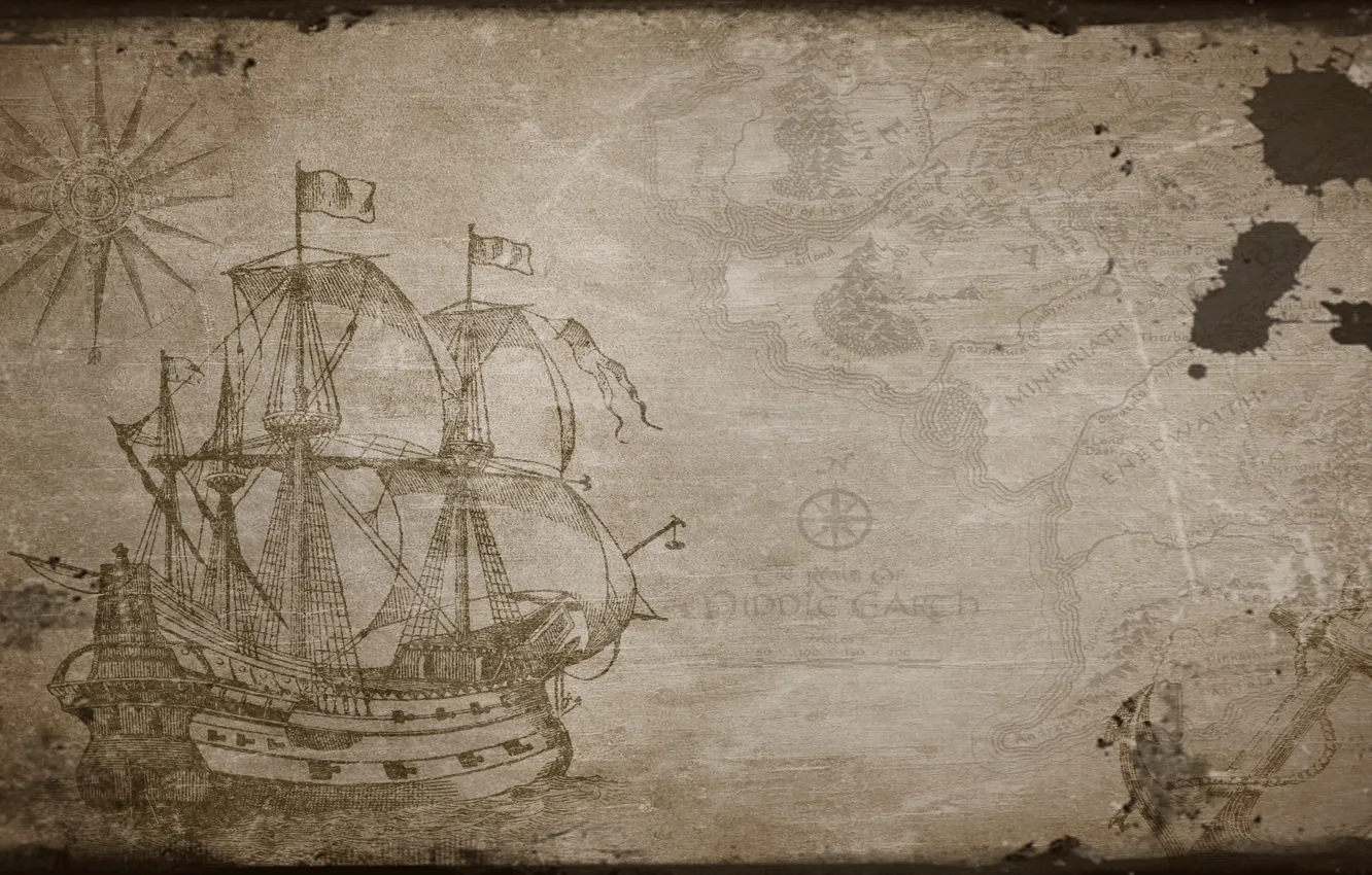 Photo wallpaper sea, retro, map, boat, old maps, Treasure map