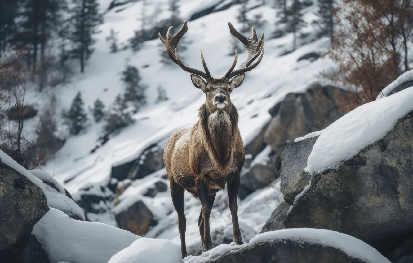 Photo wallpaper winter, snow, trees, mountains, stones, deer, horns, digital art