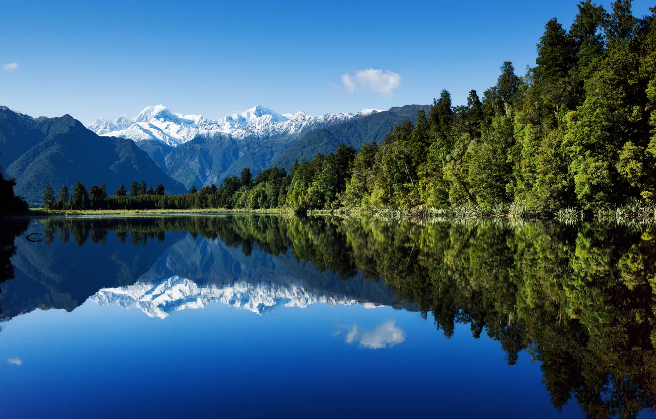 Photo wallpaper forest, the sky, water, mountains, lake, reflection, New Zealand