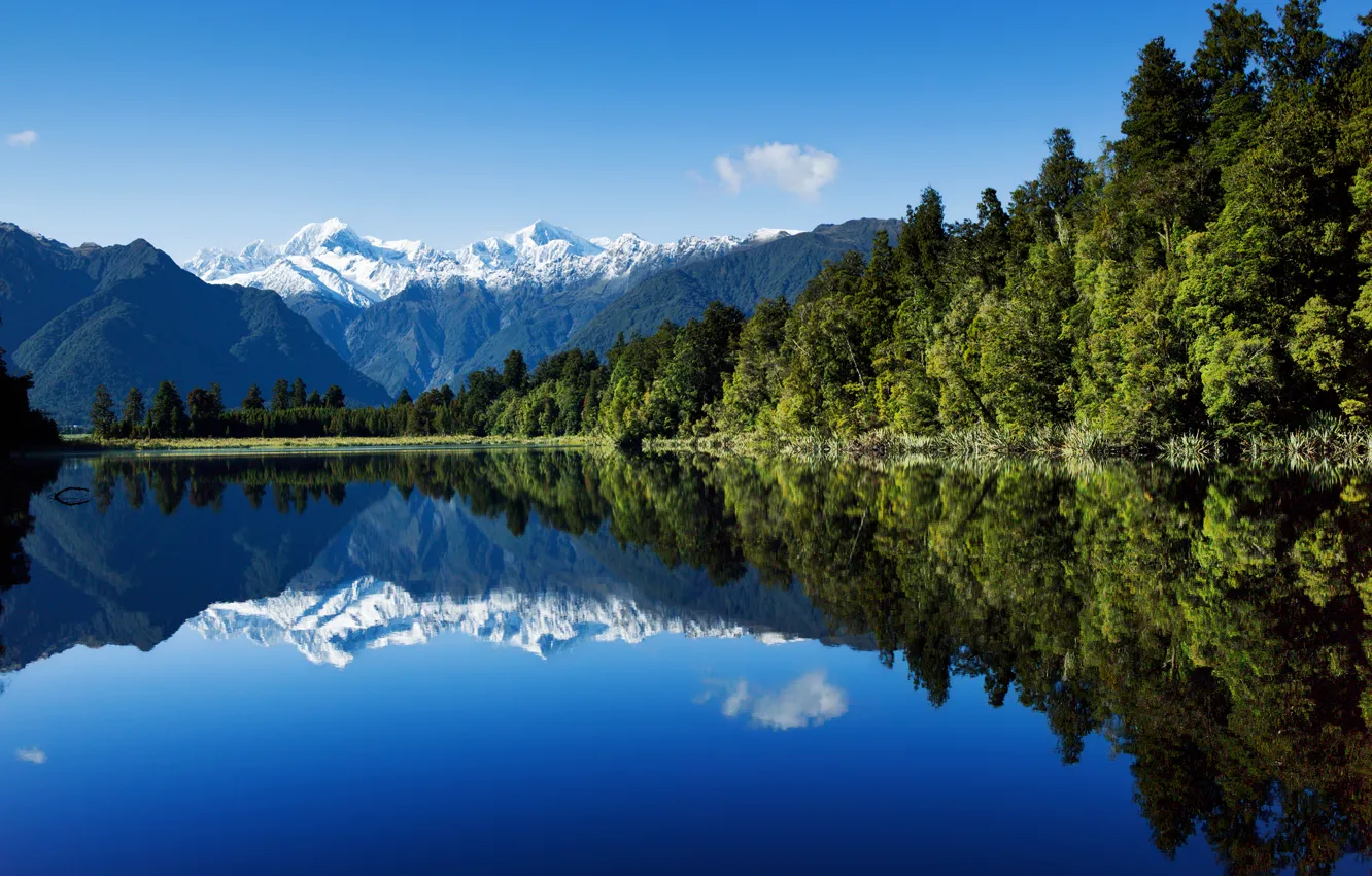 Photo wallpaper forest, the sky, water, mountains, lake, reflection, new Zealand