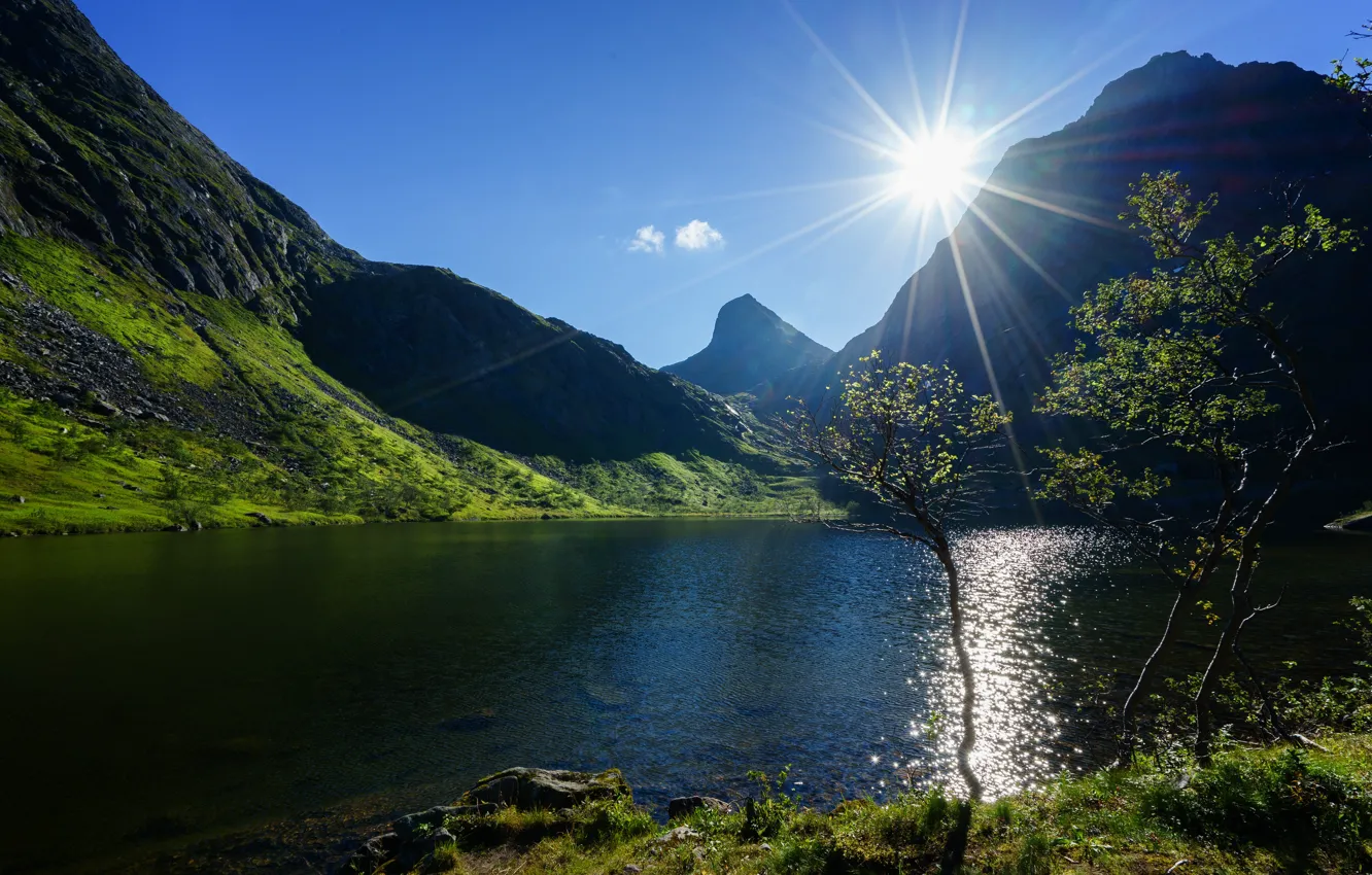 Photo wallpaper the sun, lake, hills, calm, morning