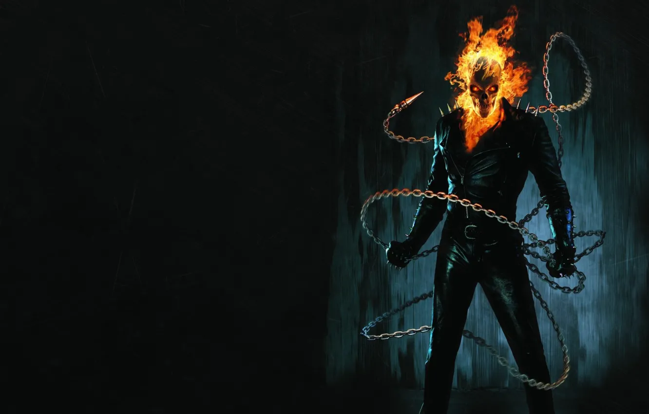 Photo wallpaper the dark background, fire, chain, skeleton, Ghost Rider, Ghost rider
