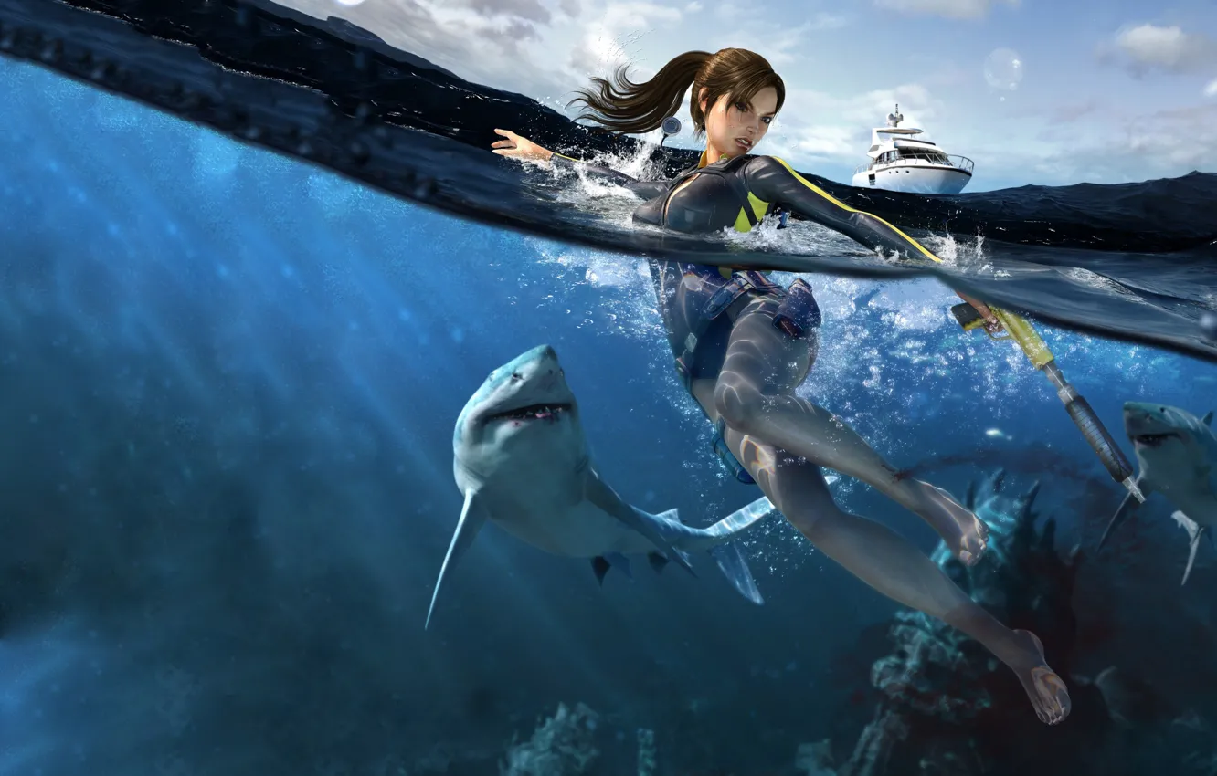 Photo wallpaper water, shark, yacht, Lara Croft, Tomb Raider underworld