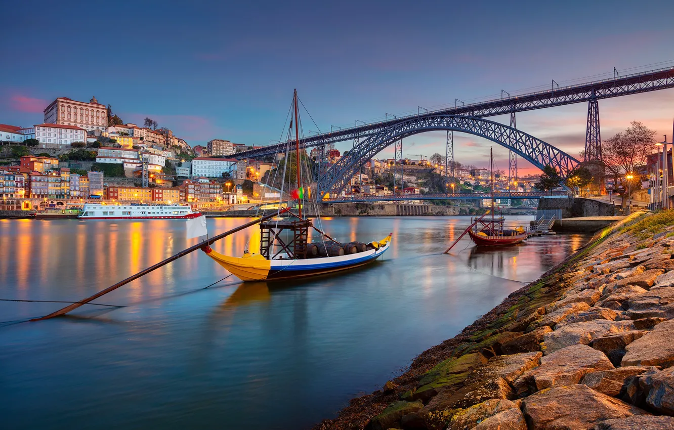 Photo wallpaper bridge, river, boats, Portugal, Portugal, Vila Nova de Gaia, Porto, Port