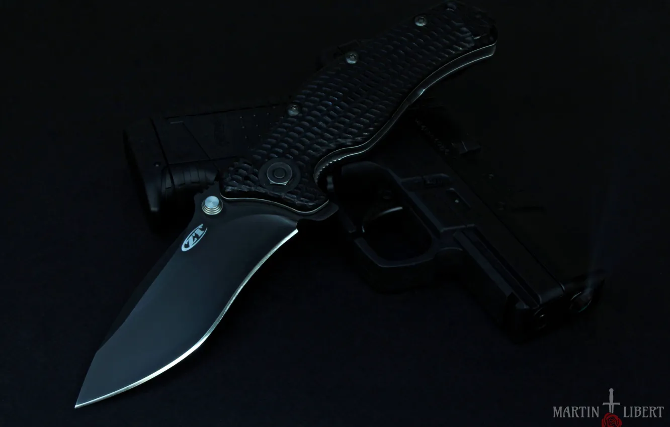 Photo wallpaper the dark background, gun, knife, folding knife, black knife, Zero Tolerance, black gun, Walther Compact …