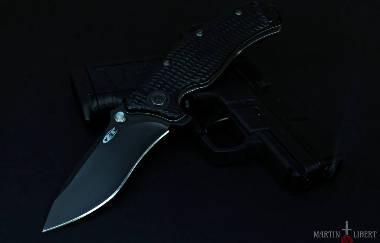 Photo wallpaper the dark background, gun, knife, black knife, Zero Tolerance, black gun, Walther Compact PPS, Folding …