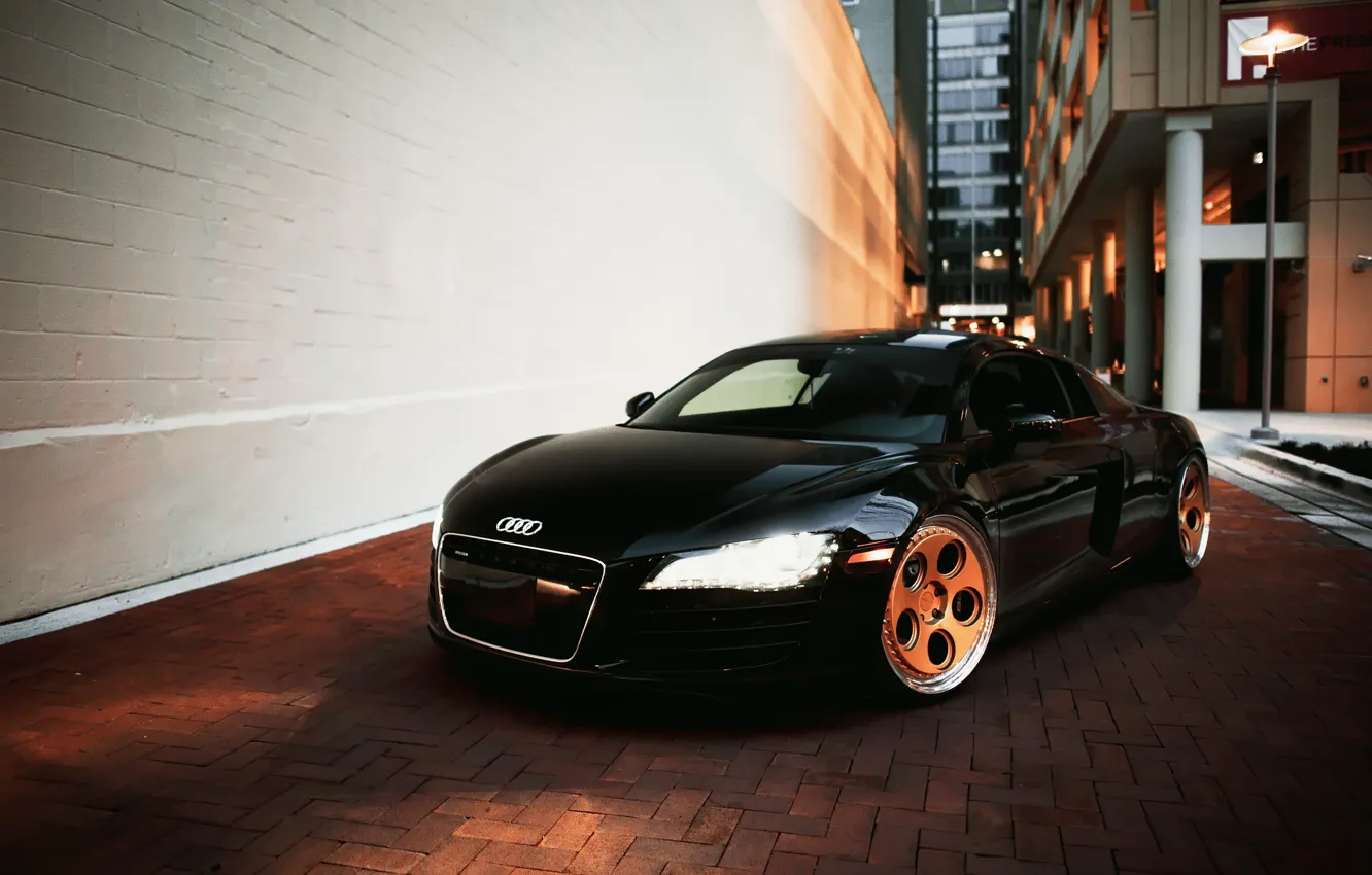 Photo wallpaper car, audi r8, black, headlights