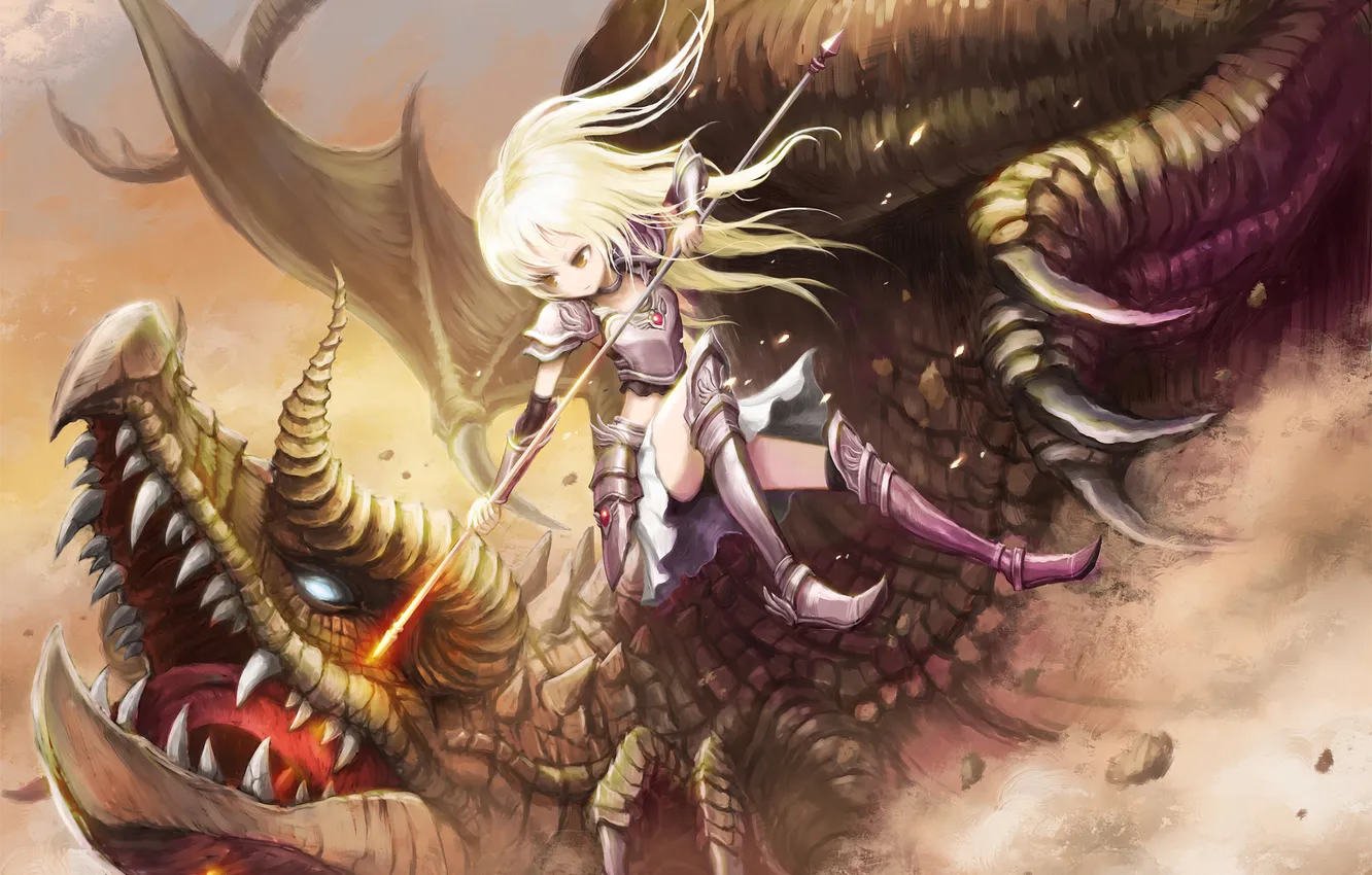 Photo wallpaper girl, fiction, dragon, armor, anime, spear, art, Takarl Ume