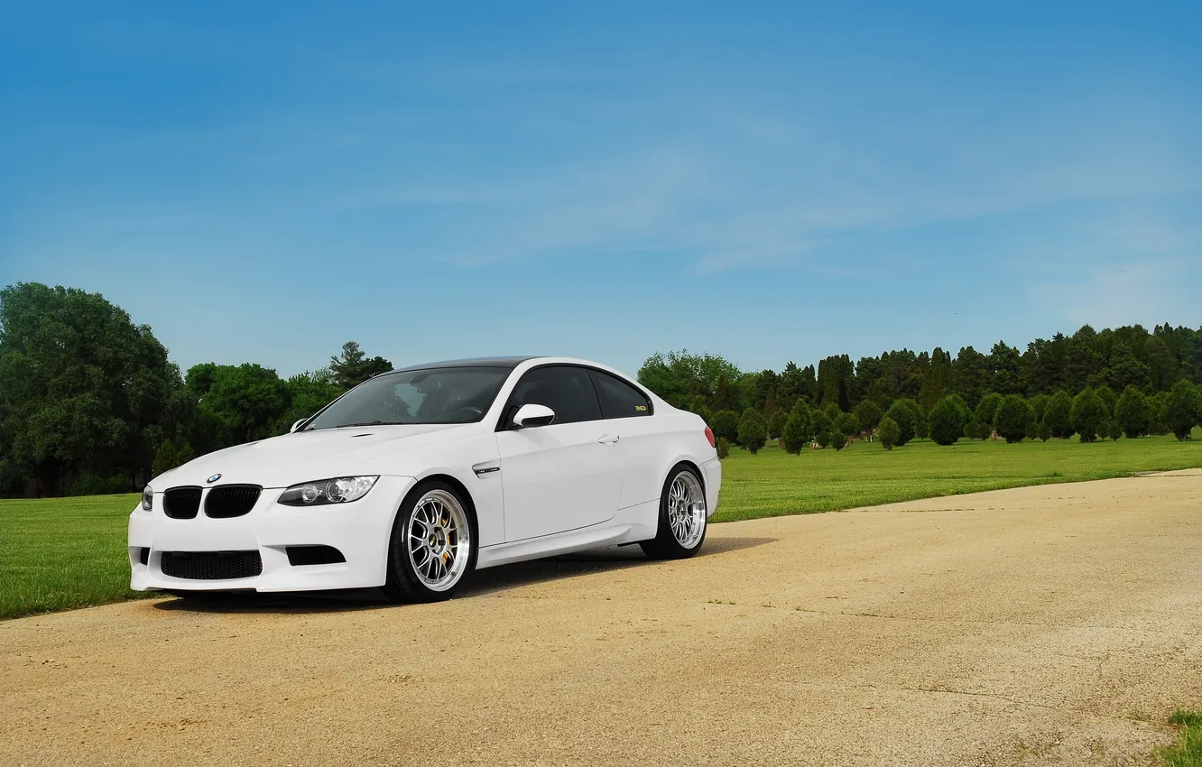 Photo wallpaper white, the sky, trees, BMW, coupe, BMW, white, primer