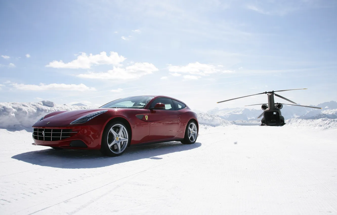 Photo wallpaper snow, red, Ferrari, helicopter, snow, hatchback, helicoter