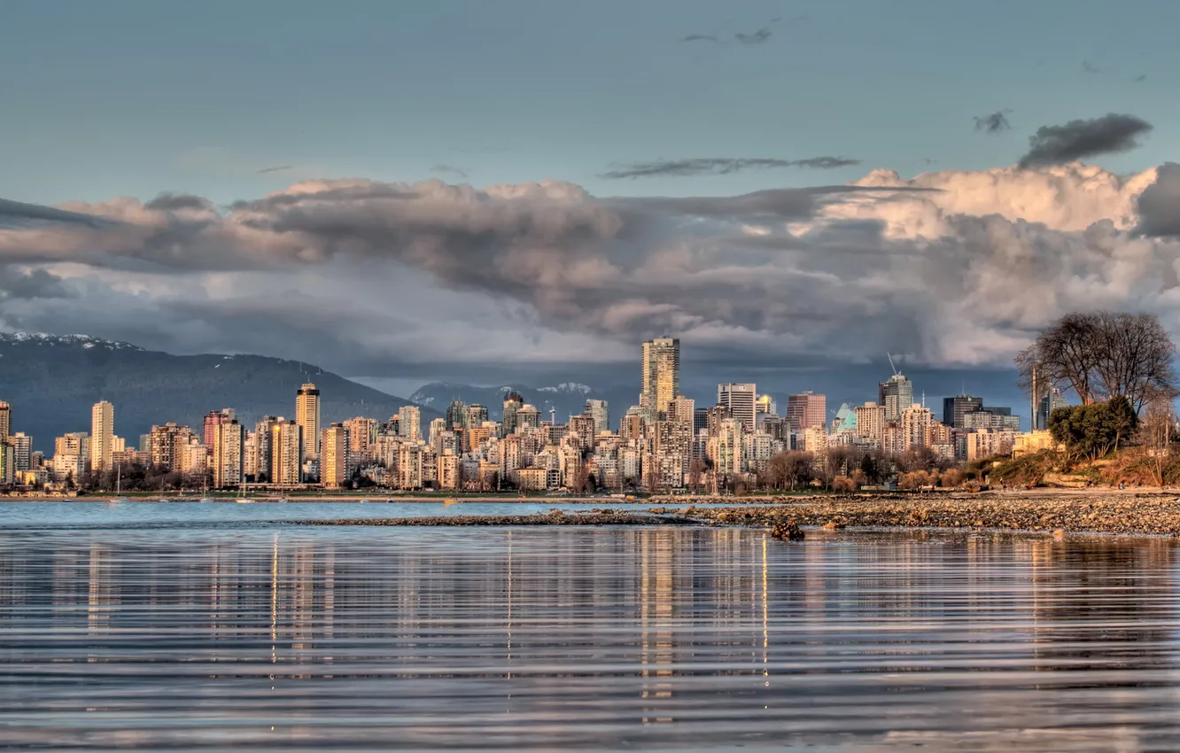 Photo wallpaper clouds, the city, coast, HDR, Canada, Vancouver, British Columbia