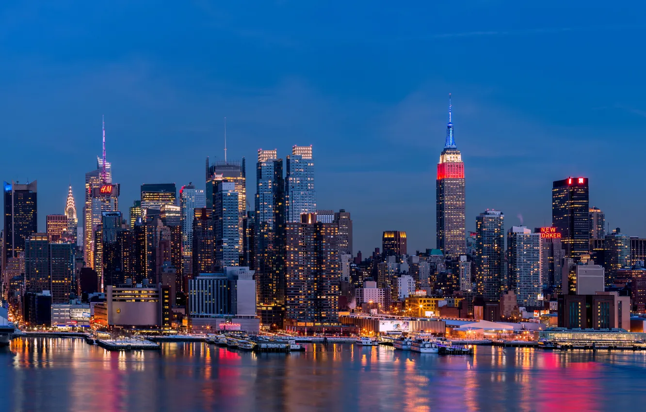 Photo wallpaper city, lights, USA, Brooklyn, night, New York, Manhattan, reflection