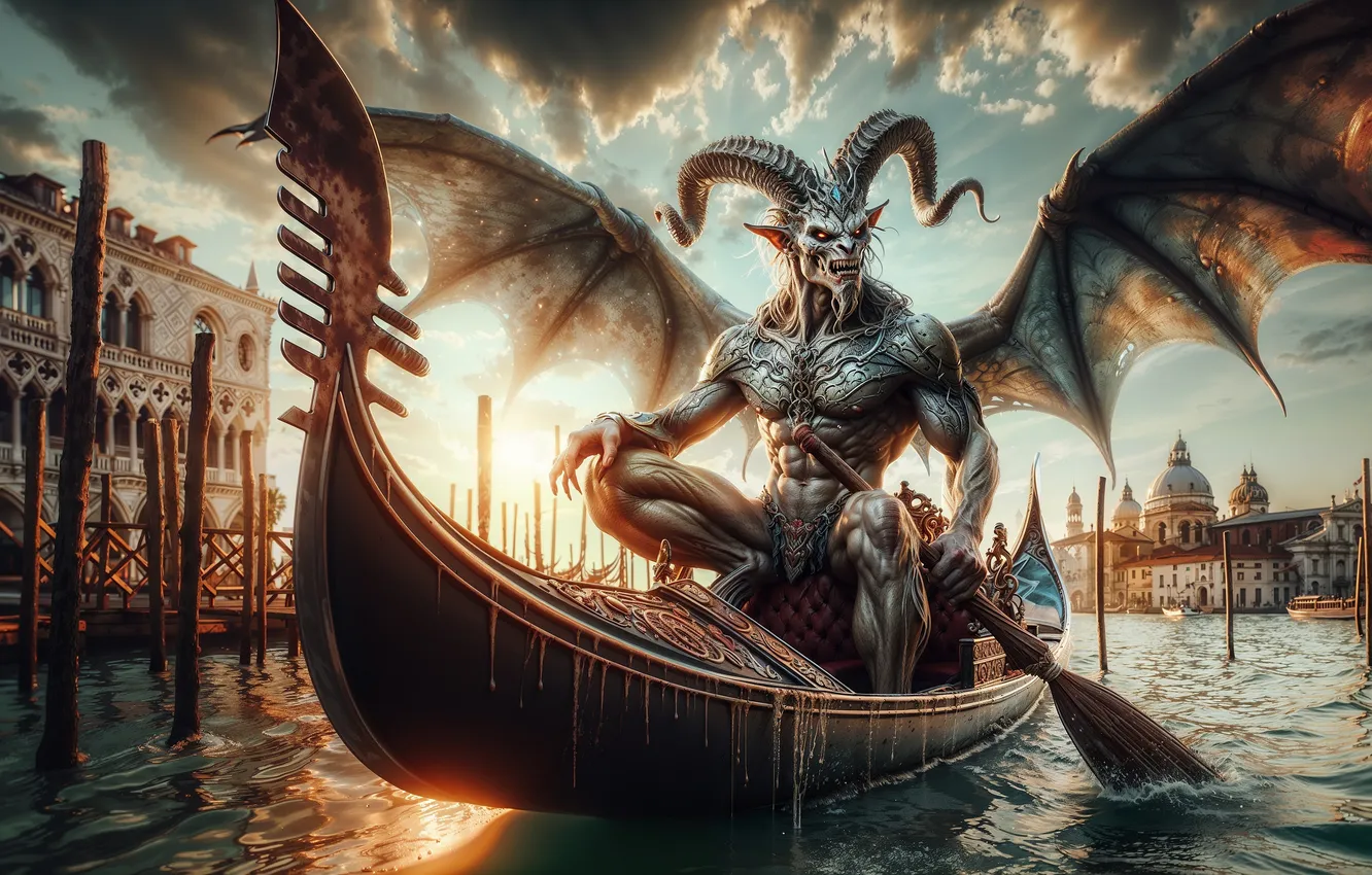 Photo wallpaper the city, boat, the demon, paddle