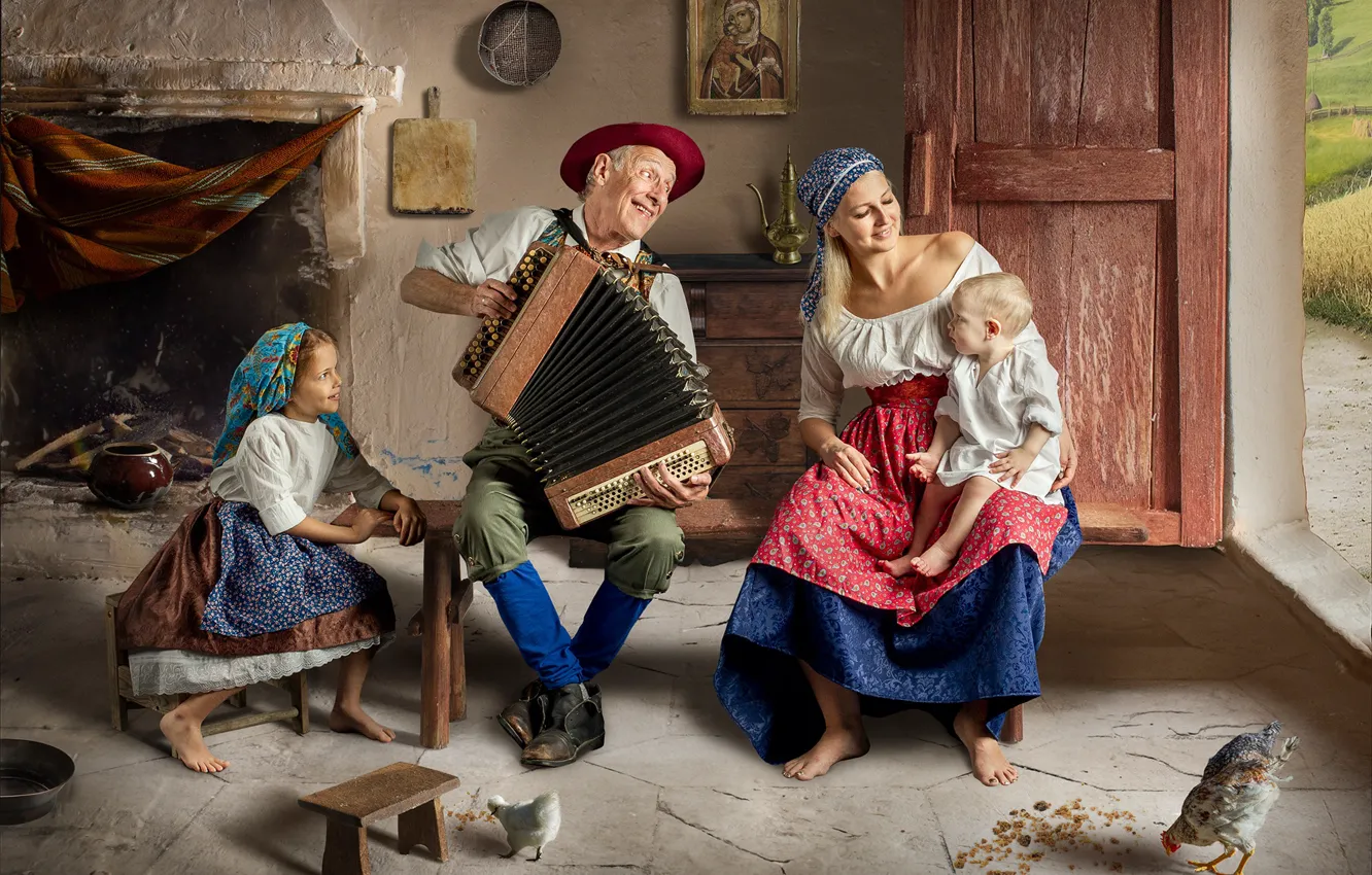 Photo wallpaper children, woman, people, home, family, girl, male, grandpa