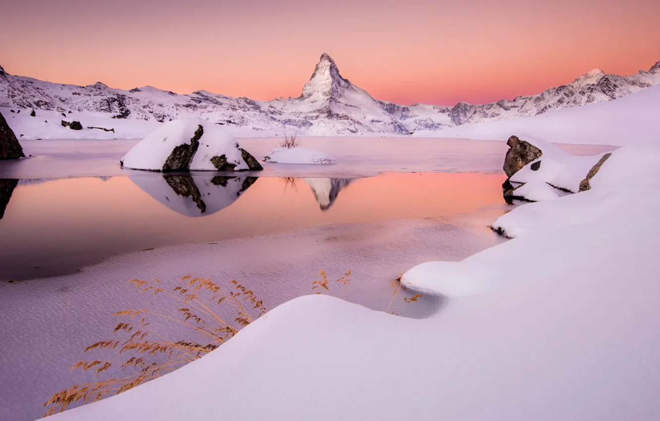 Photo wallpaper winter, snow, mountains, lake, Alps, the Matterhorn