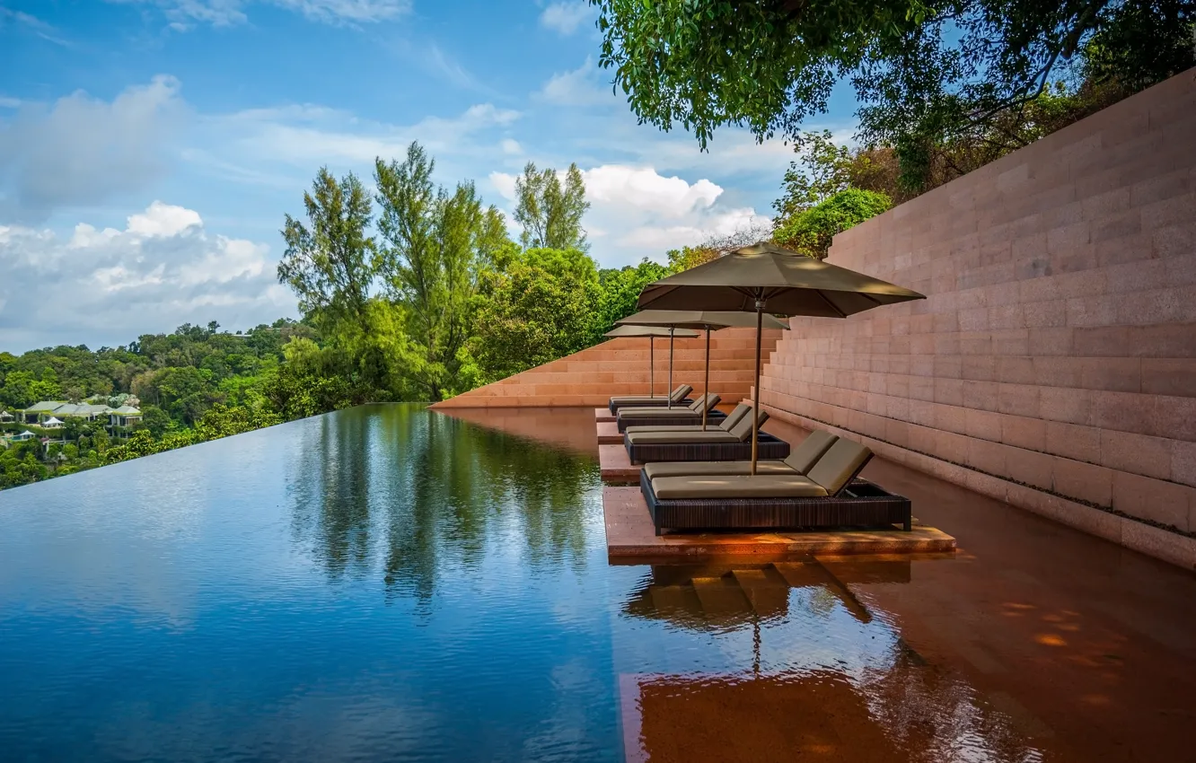 Photo wallpaper the sky, water, trees, reflection, the hotel