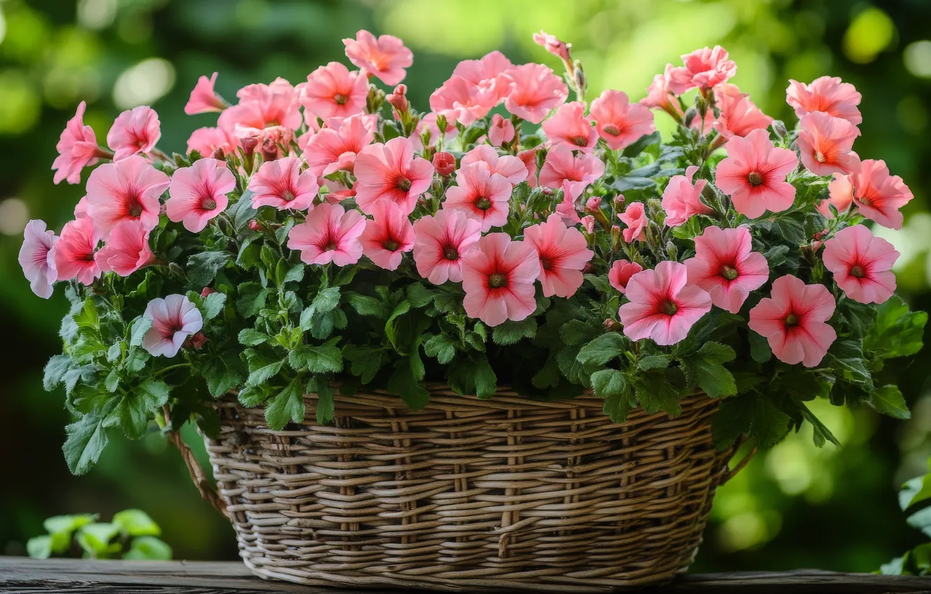 Photo wallpaper summer, flowers, bouquet, garden, pink, basket, Petunia, AI art