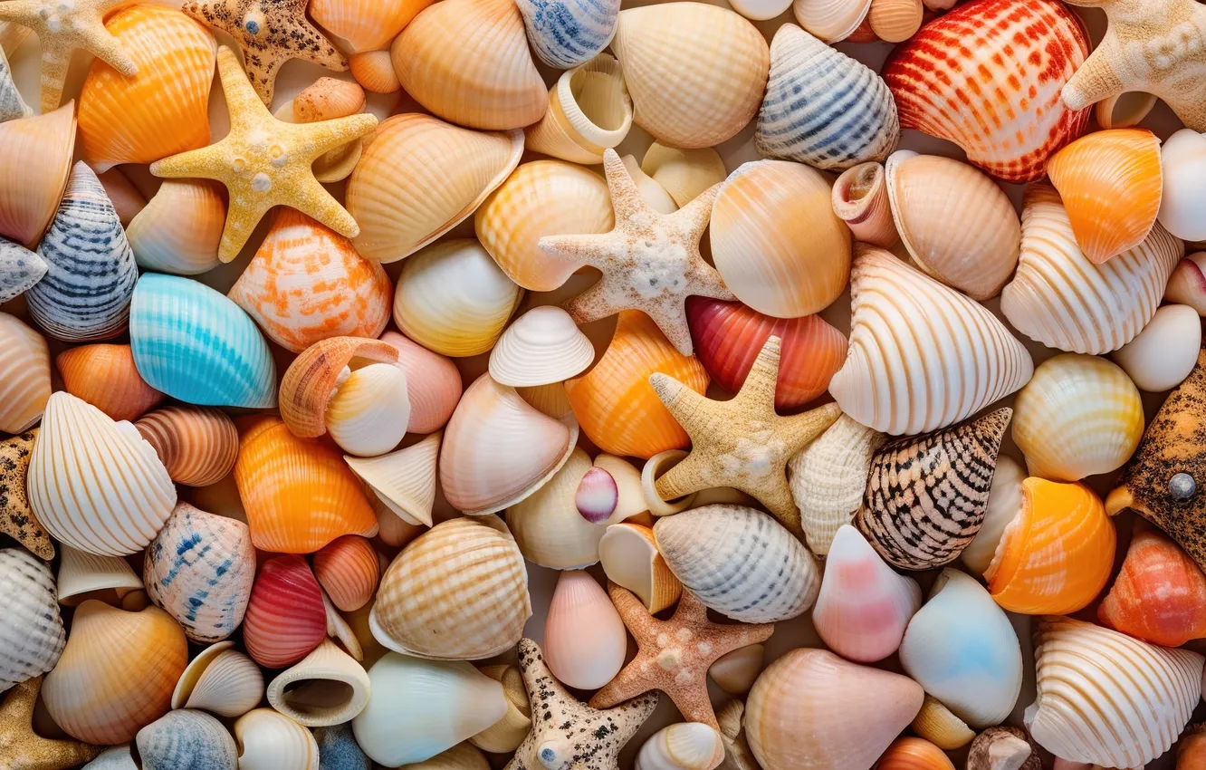 Photo wallpaper beach, background, colorful, shell, beach, texture, background, starfish