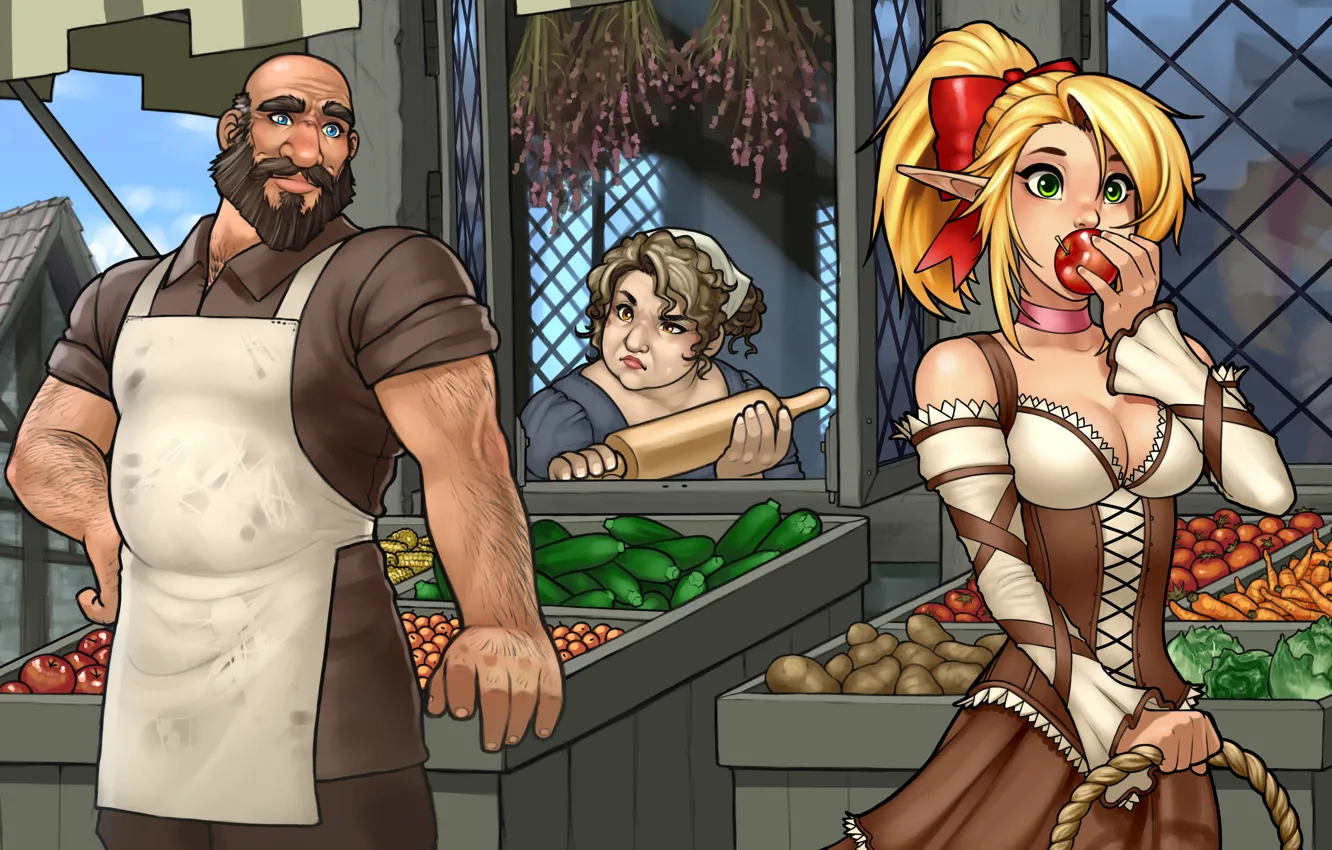 Photo wallpaper eyes, girl, woman, apples, elf, dress, art, blonde