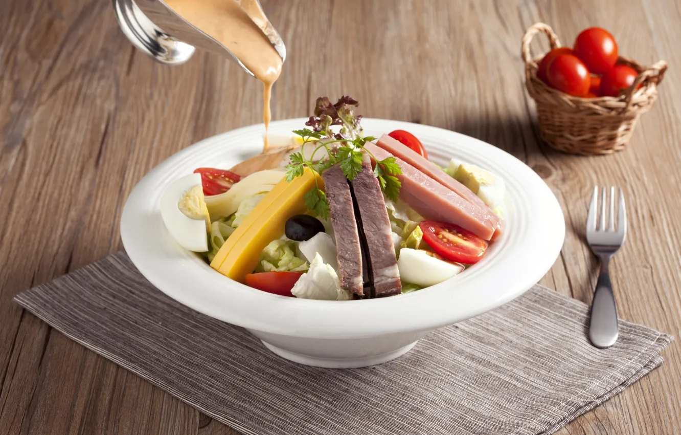 Photo wallpaper eggs, cheese, meat, tomatoes, sauce, salad, ham