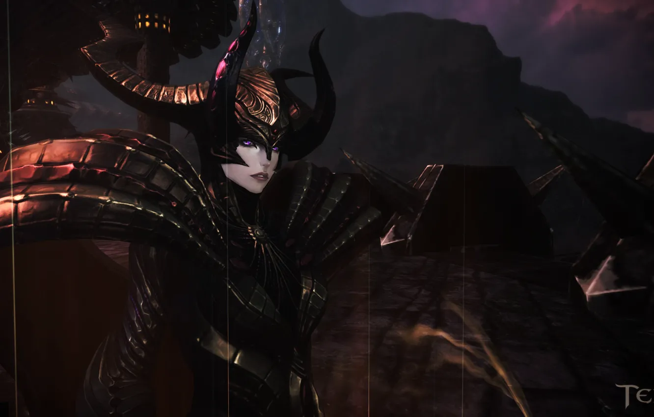 Photo wallpaper girl, background, the game, horns, helmet, tera