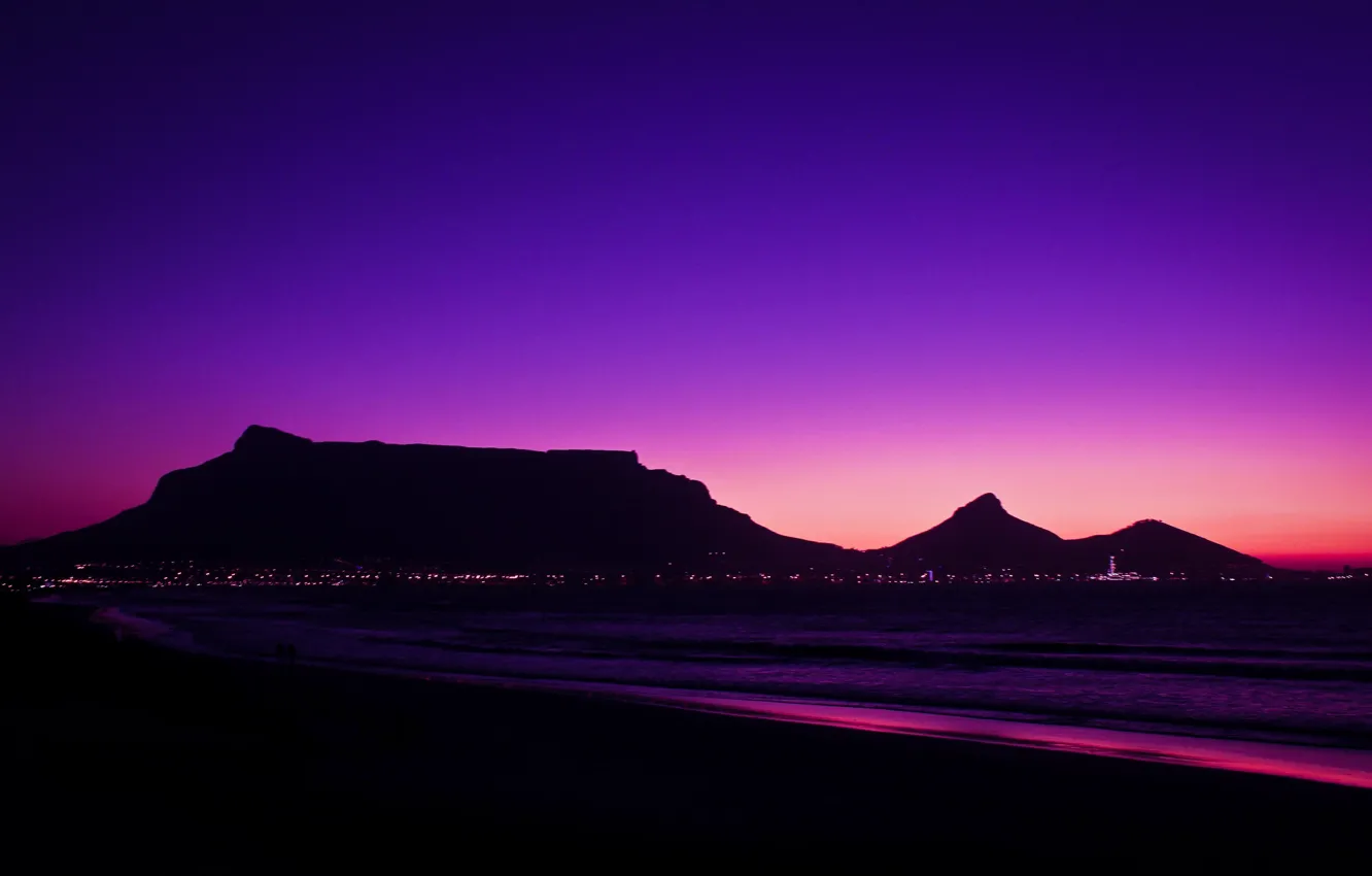 Photo wallpaper mountains, night, the city, lights, the ocean, South Africa, South Africa, Table Mountain