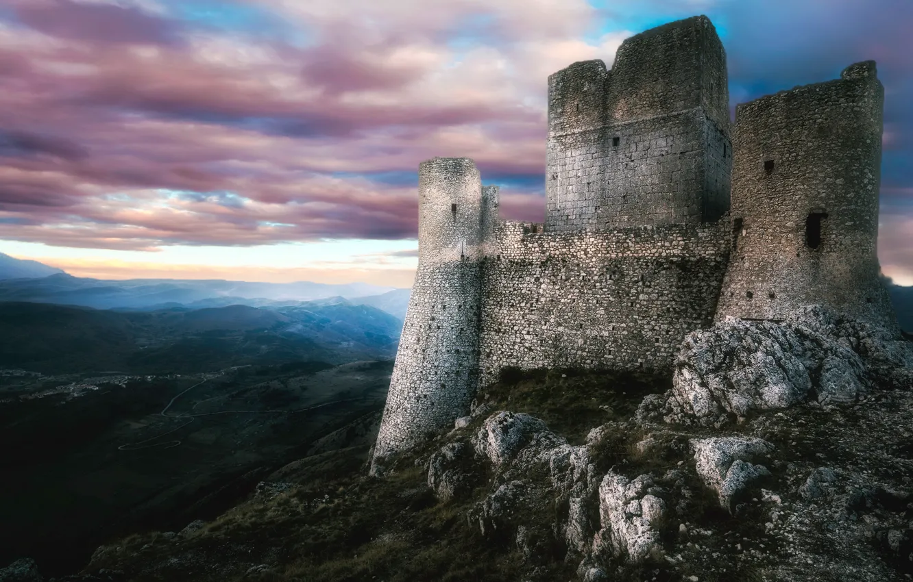 Photo wallpaper the sky, clouds, mountains, old, fog, stones, castle, hills