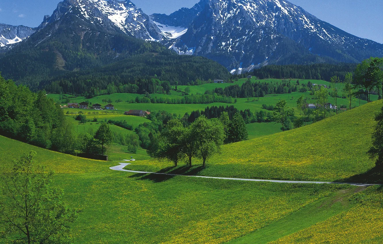 Photo wallpaper road, the sky, trees, mountains, house, Austria, valley