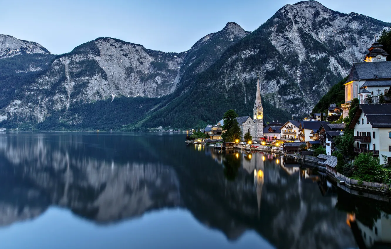 Photo wallpaper mountains, lights, lake, home, the evening, Austria, Hallstatt