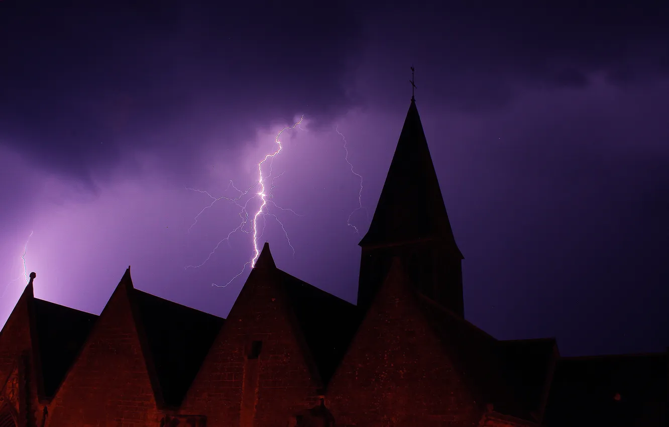 Photo wallpaper roof, the storm, the sky, night, clouds, lightning, tower, home