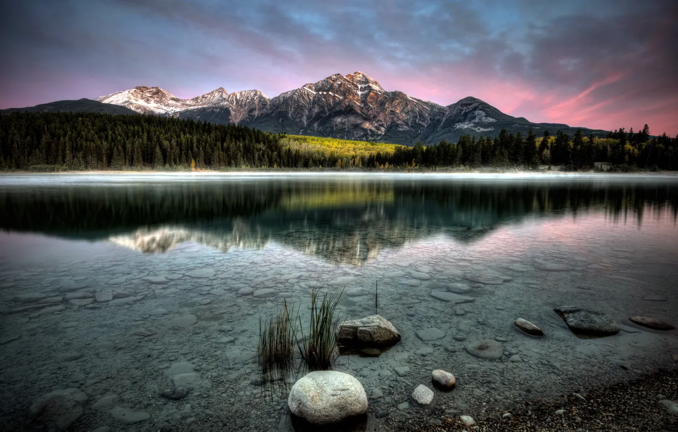 Photo wallpaper landscape, sunset, mountains, lake