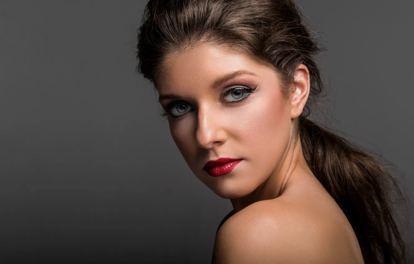 Photo wallpaper eyes, girl, red, face, background, hair, makeup, lipstick