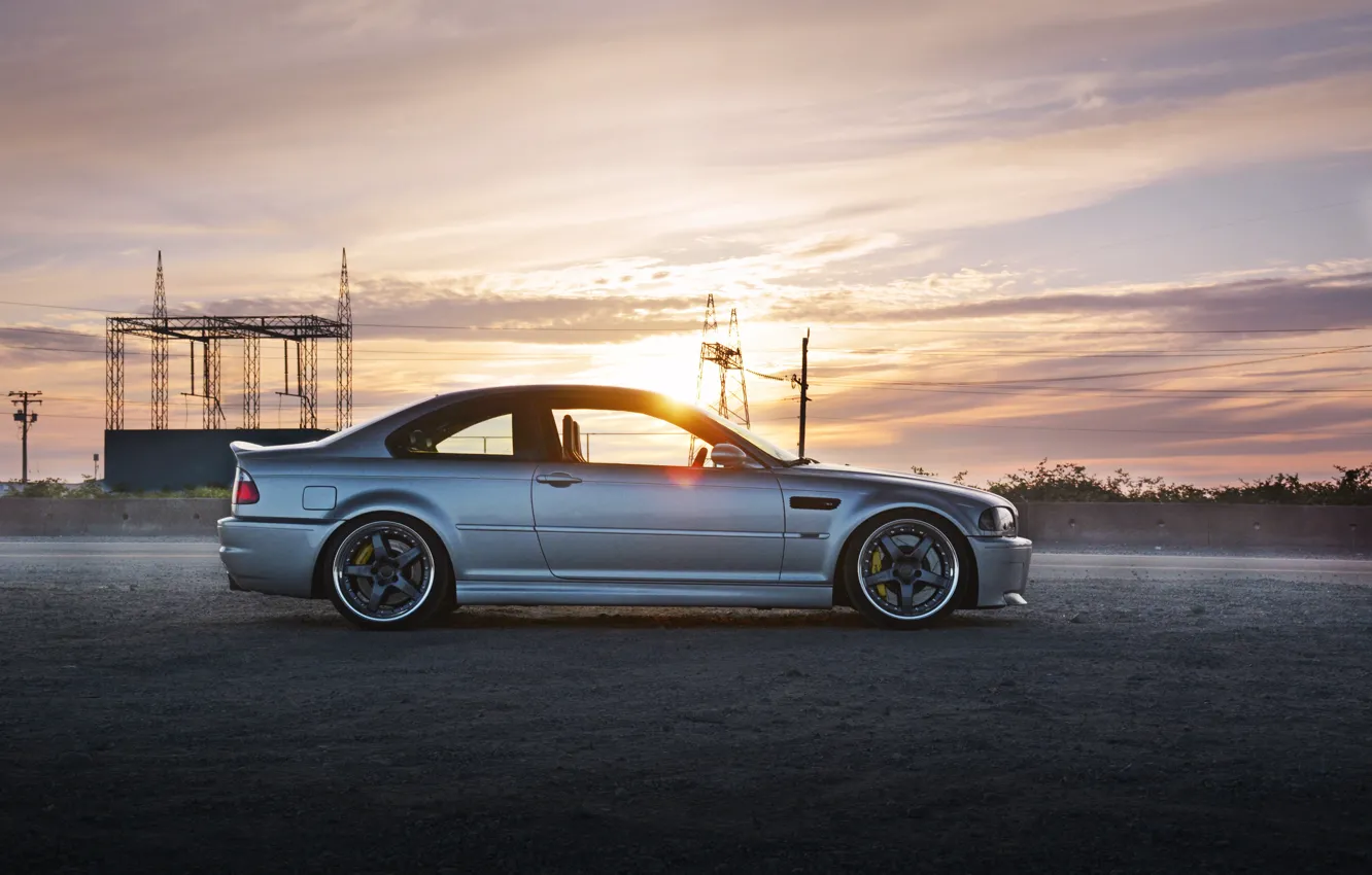 Photo wallpaper bmw, silver, sunset, clouds, e46